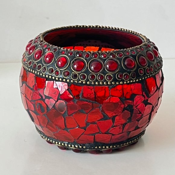 Radiant Elegance: Retro Mosaic Candle Holder / Vase with Brass & Rhinestone Trim - Picture 4 of 13